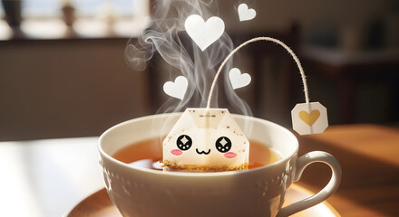 Cute Kawaii Tea Bag with Heart Steam Floating in a Warm Cup of Tea, Cozy Beverage Concept