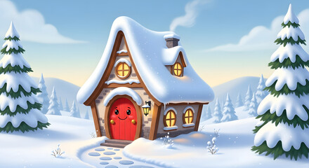 Whimsical snow-covered cottage with a cheerful red door and glowing windows, nestled in a tranquil winter wonderland of frosted pine trees