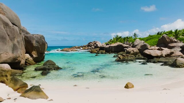 Granite rocks and tropical plants by the white sandy beach. Anse Cocos beach. La Digue, Seychelles.