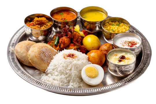 Indian thali meal with rice lentils and curries isolated on transparent background