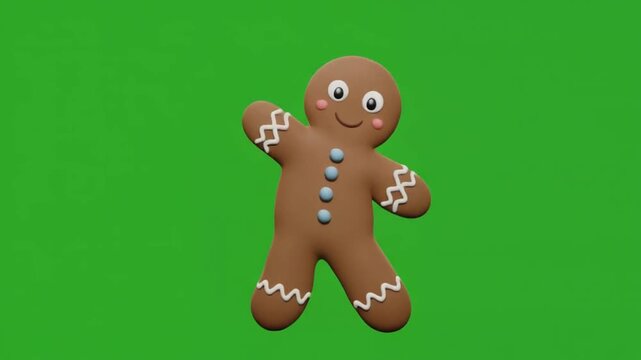 Festive 3D Gingerbread Man Performing Macarena Hip Twist with Snowflake Icing Detail on Green Screen Background Holiday Dance, Adorable Character Animation