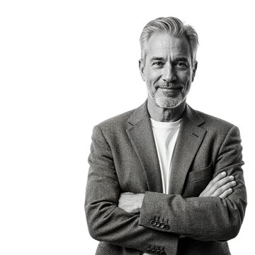 Distinguished middle-aged man in blazer with arms crossed confidently posing for portrait isolated on transparent background