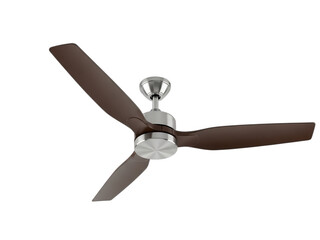 Modern brown ceiling fan with brushed nickel finish isolated on transparent background