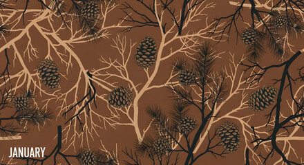A detailed and stylized illustration of overlapping pine branches and pinecones creating a dense, natural woodland pattern on an earthy brown background
