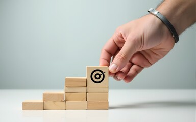 Male hand arranges a wooden block staircase with target icon. Achieving goals and objectives or goal setting. High quality