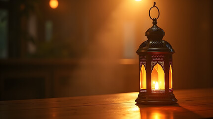 Traditional Ramadan Fanoos lantern glowing warmly on a wooden table at dusk