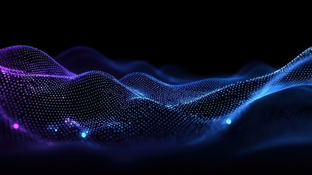 Abstract Wavy Particle Surface with Blue and Purple Gradient Against Black Background in a Futuristic Digital Landscape Illustration - Powered by Adobe