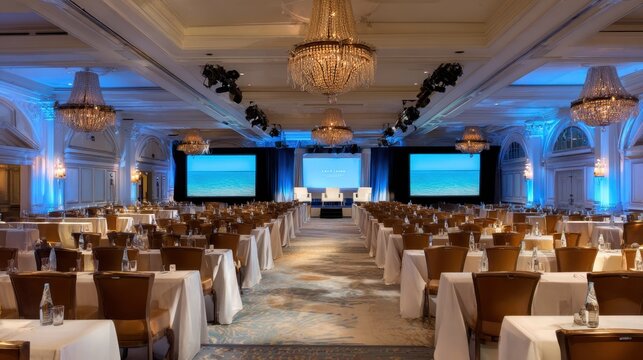 Spacious conference hall with elegant chandeliers, blue lighting, and neatly arranged tables for corporate event or business presentation setting