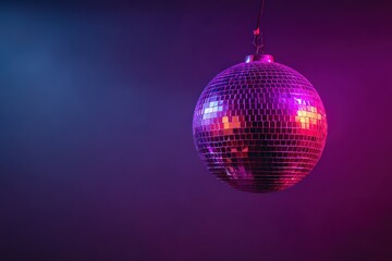 Disco Ball Suspended In Air Against Gradient Blue And Purple Background Illuminating Reflective Facets