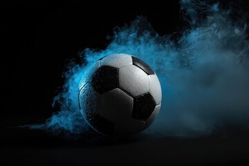 Pixelated Soccer Ball Surrounded by Blue Dust on Black Background Dynamic Action