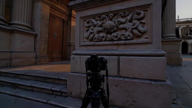 camera on a tripod recording the shifting light and shadows during sunrise over the plaza de la constitucion, revealing architectural details