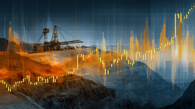 Mining Investment Analysis: Open-Pit Site and Digital Commodity Chart.