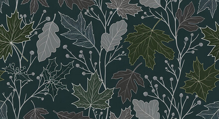 Seamless pattern of autumn leaves and branches on a dark teal background, botanical illustration style