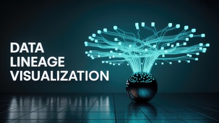Elegant data lineage visualization with glowing network connections for modern business analytics and insight, showcasing connectivity and information flow