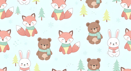 Cute Winter Animals Seamless Pattern with Foxes, Bears, and Rabbits on a Light Blue Background