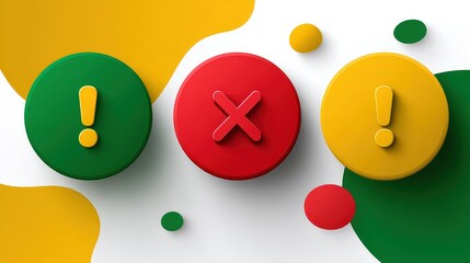 Three Dimensional Warning Symbols on White Background with Green and Yellow Abstract Shapes