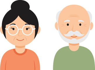 Flat Vector Illustration of Elderly Couple, Smiling Senior Man and Woman Character Avatars