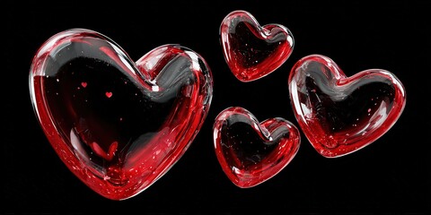 Transparent Red Hearts Grouped Against Black Background with Sparkling Light and Abstract Floating Design