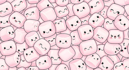 Adorable character marshmallows form a delightful pink seamless pattern, each sweet treat featuring a charming cartoon face, perfect for cheerful backgrounds and whimsical designs