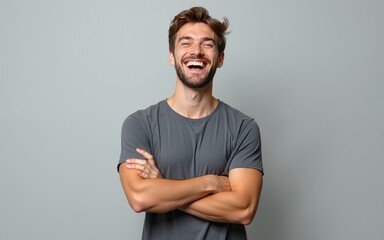 Portrait of handsome smiling young man with folded arms. Laughing joyful cheerful men with crossed hands studio shot. Isolated on gray background. High quality