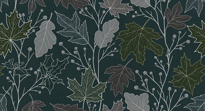 Seamless pattern of autumn leaves and branches on a dark teal background, botanical illustration style
