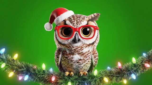 Charming 3D Rendered Owl Wearing Red Santa Hat and Glasses Perched on a Twig with Colorful Christmas Lights Against a Vibrant Green Screen Background