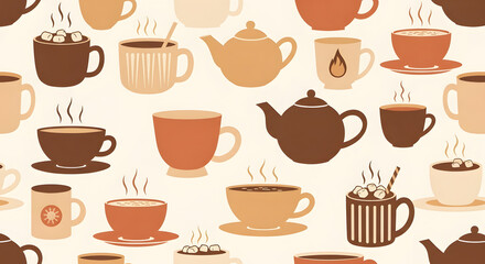 Seamless Pattern of Steaming Hot Beverages An Illustrated Background Featuring Cozy Coffee Mugs, Teacups, and Teapots in Warm Earth Tones