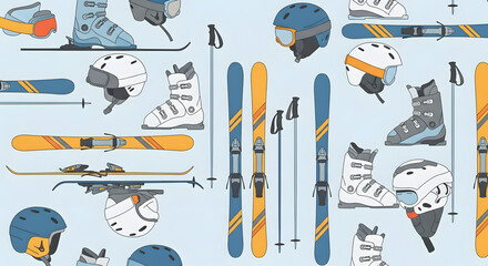 Seamless pattern of ski equipment, featuring alpine skis, boots, poles, helmets, and goggles, ready for winter sports activities and snowy mountain recreation