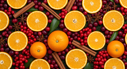 Vibrant flat lay of sliced oranges, cranberries, cinnamon sticks, and star anise creating a festive holiday backdrop