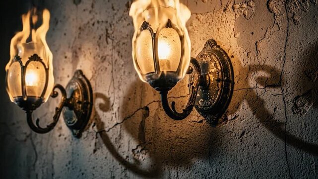Moody vintage wall lights flickering creating dramatic cinematic effect