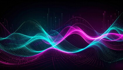 Dynamic abstract sound wave visualization with glowing cyan and magenta digital lines creating a modern futuristic data flow background, perfect for technology concepts