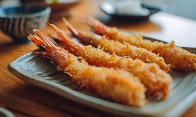  four large deep-fried prawns with heads still attached, arranged in a straight, fully-extended position on a ceramic plate. Each prawn is long and stretched out, coated in golden, crispy panko batter