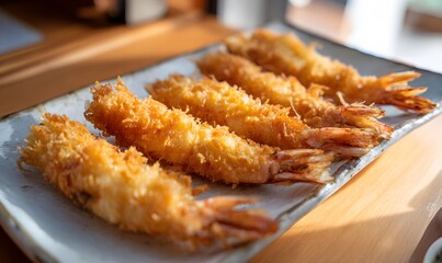  four large deep-fried prawns with heads still attached, arranged in a straight, fully-extended position on a ceramic plate. Each prawn is long and stretched out, coated in golden, crispy panko batter