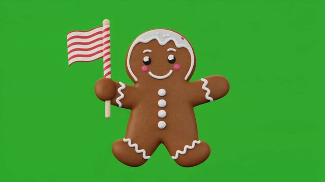 Cheerful Gingerbread Character Waving Festive Mini Flag with Candy Cane Isolated by Green Screen Background in a Playful 3D Animation Perfect for Holiday