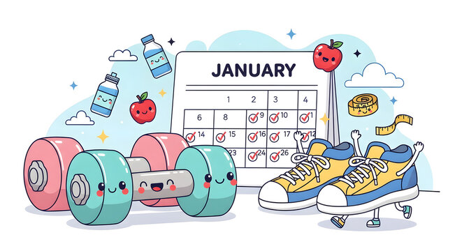 Your January Wellness Plan A Cute Illustration of Fitness Goals, Healthy Eating, Exercise Gear, and Calendar Reminders for a New Beginning in Health