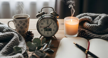 Warm and inviting morning scene with steaming coffee, a retro alarm clock, and a glowing candle beside an open journal, evoking a sense of calm and focused reflection on a rustic wooden table