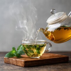 Pouring Hot Mint Tea from Glass Teapot into Transparent Cup on Wooden Board, Indoor, Wellness, Aromatherapy.