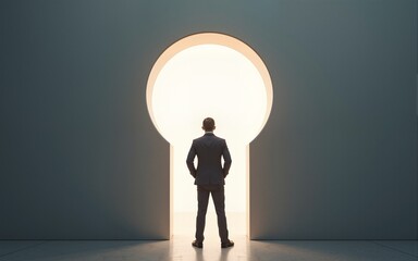 Obraz premium Back view of businessman standing in abstract key opening in wall with bright light and mock up place. Solution and decision concept. High quality