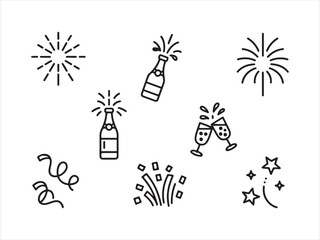 Party Celebration Doodle Icons Set | Fireworks Bottle Glass Festive Elements