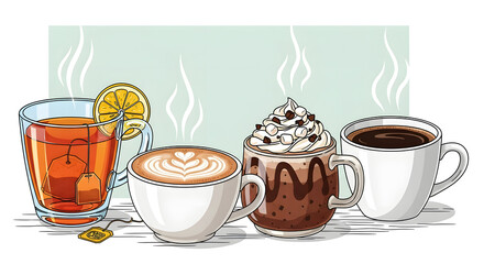Cozy Beverage Collection Tea, Latte, Mocha, Coffee Illustration