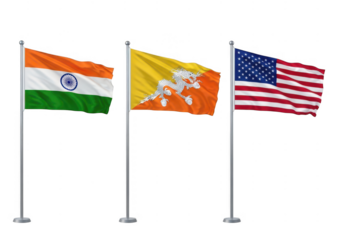 Waving flags of india, bhutan, and the united states of america on flagpoles, isolated on transparent background