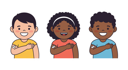 Vaccinated kids with bandage on arm showing patriotism smiling with hand on heart showcasing child health safety vaccination awareness campaign