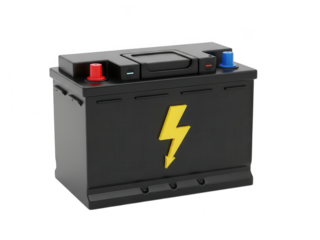Car battery with yellow lightning bolt symbol isolated isolated on transparent background