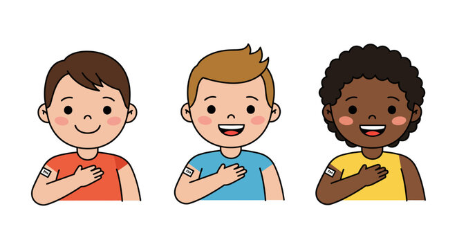 Vaccinated children showing arms with bandages diverse kids with post-vaccination smiles and band-aids promoting child health and vaccine awareness