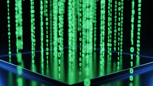 Abstract binary code rain on black screen for tech, cyber security use