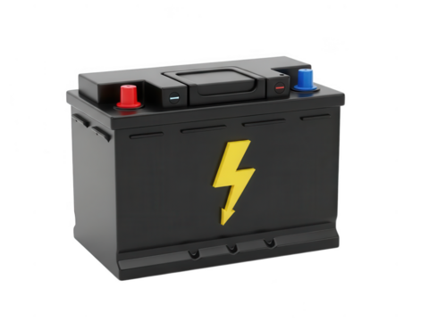 Car battery with yellow lightning bolt symbol isolated isolated on transparent background
