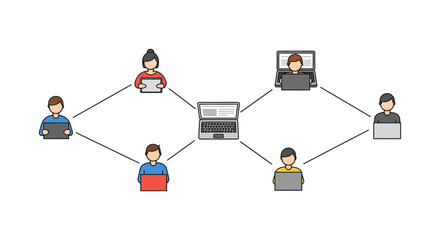 connected network diverse team members collaborating remotely on laptops tablets building digital connection ideal for telecommuting technology