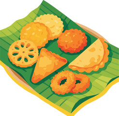 Authentic Indonesian snacks platter, fried delicacies served on banana leaf, festive treats for sharing, delightful savory appetizers, traditional culinary experience