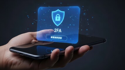 Hand holding smartphone displaying a glowing blue holographic screen with a shield icon and twofactor authentication code input for security