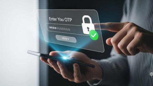 Person entering one time password on smartphone with holographic security verification interface and padlock icon
